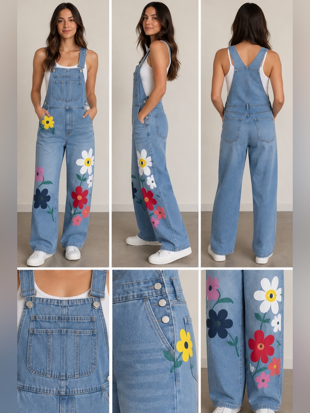New Baggy Light Blue Denim Overalls Colorful Floral Print boho 70’s vibe sz M